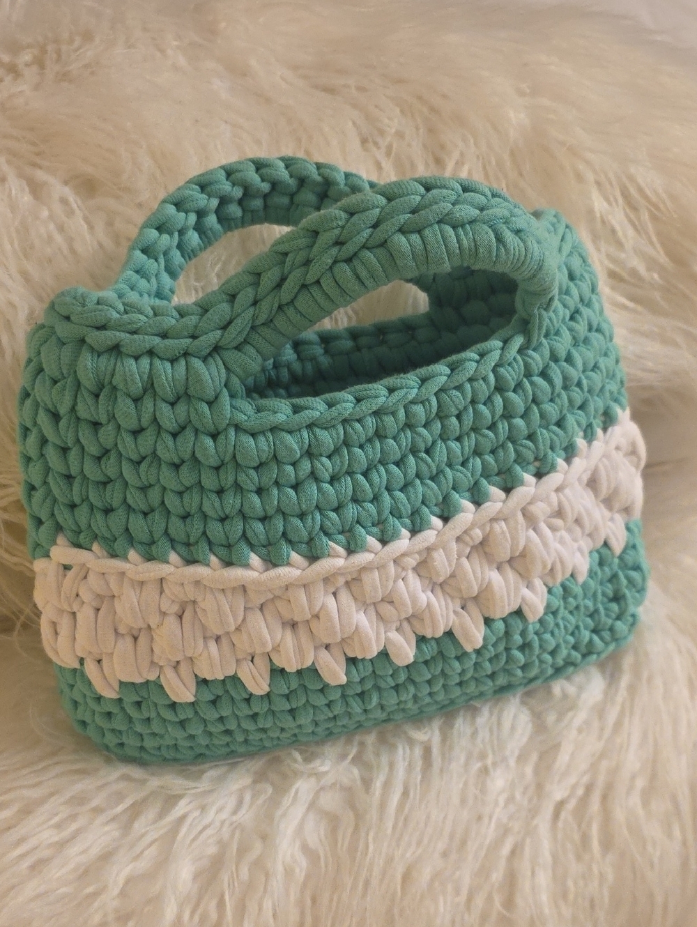 Handwoven Teal and Cream Mini Crochet Bag 11× 8.5  From the Handle to the Bottom